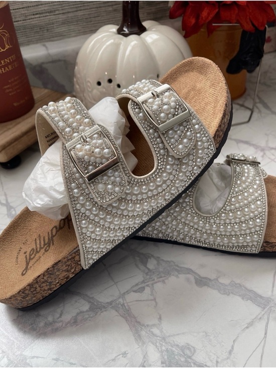 Jellypop Shoes - Jellypop White Pearl And Rhinestone Embellished Double Buckle Sandals NIB